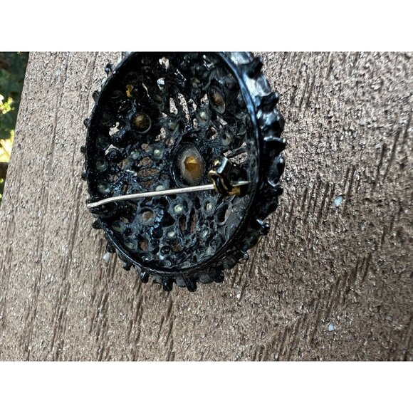 Victorian Black Mourning Crystal  Brooch Pin 1.75" Diameter Large Round Faceted - Picture 7 of 8